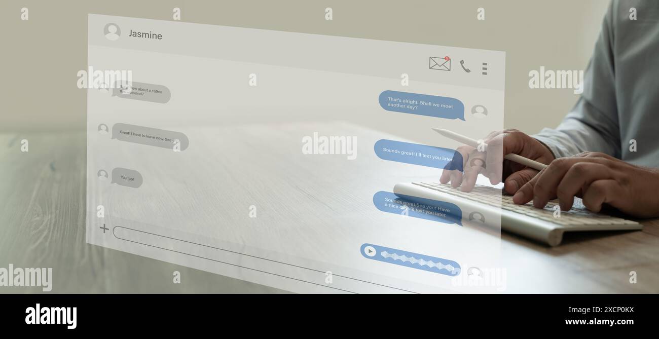 CRM software man Chatbot live chat with customer help assistant  chatting online Stock Photo