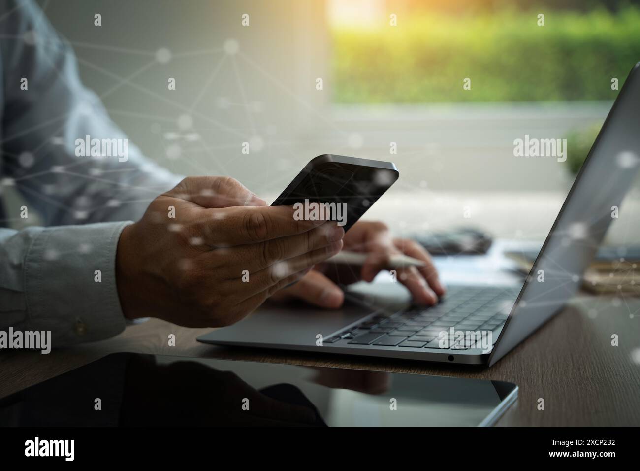 man using mobile smart phone global network online Communication technology with global internet Stock Photo