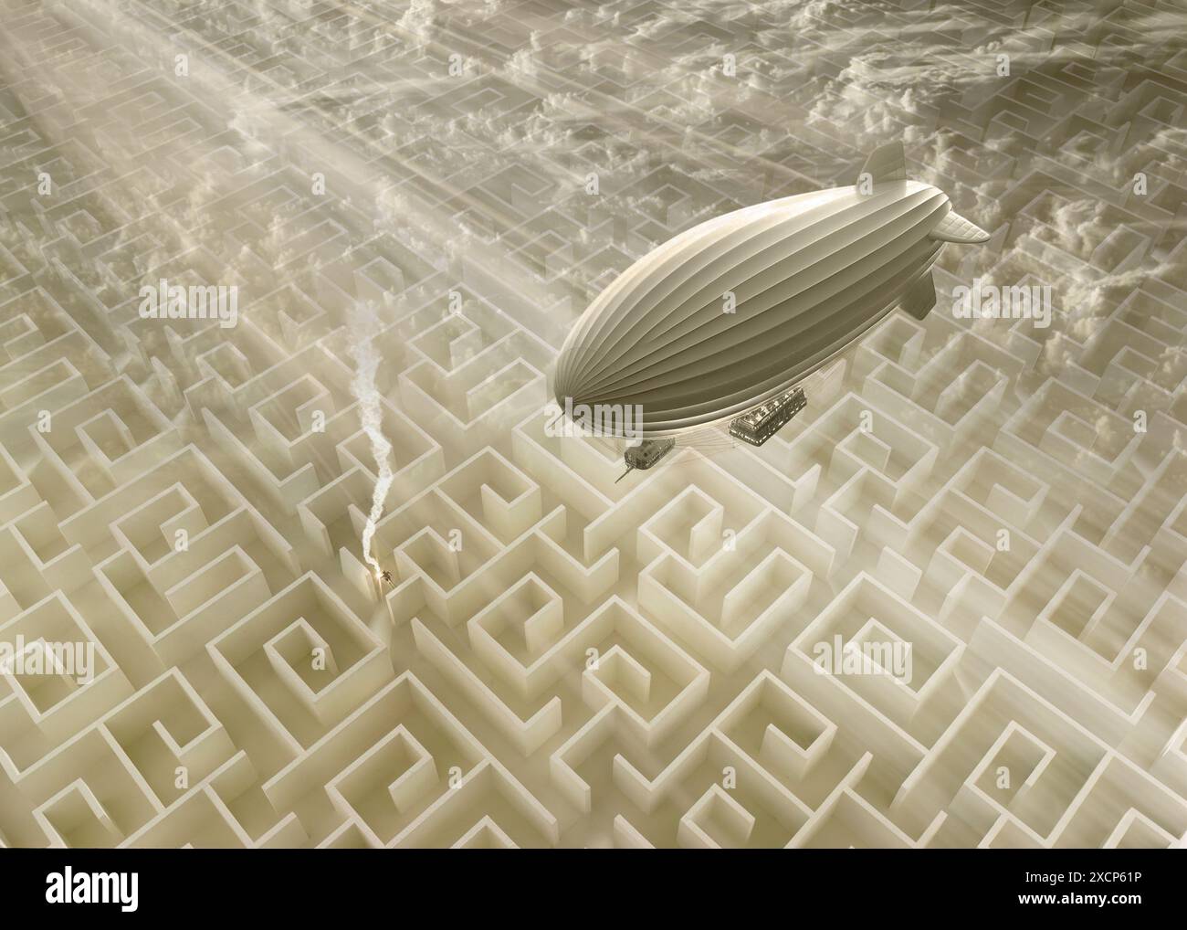 Rescue, help concept with vintage blimp above maze and signal flare Stock Photo