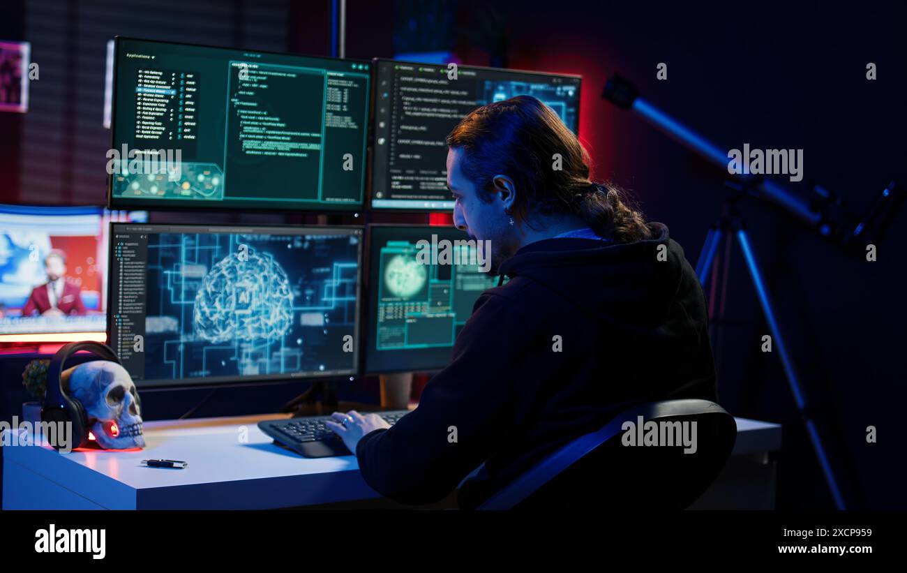 Hacker drinking coffee while running artificial intelligence spyware software designed to gather information from users. Script kiddie doing illegal stuff using AI, consuming beverage, camera B Stock Photo