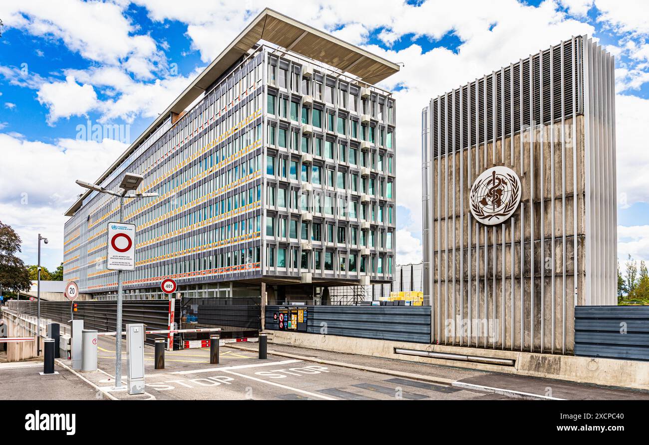 Der Sitz der Weltgesundheitsorganisation kurz WHO, einer Sonderorgansiation innerhalb der Vereinten Nationen. (Genf, Schweiz, 03.08.2023) Stock Photo