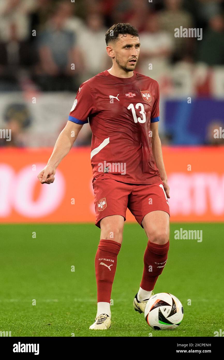Gelsenkirchen Germany. 16th June 2024. Serbia s Milos Veljkovic during the Euro 2024 soccer match between Serbia and England at the Arena AufSchalke stadium Gelsenkirchen Germany Sunday 16 June 2024. ...