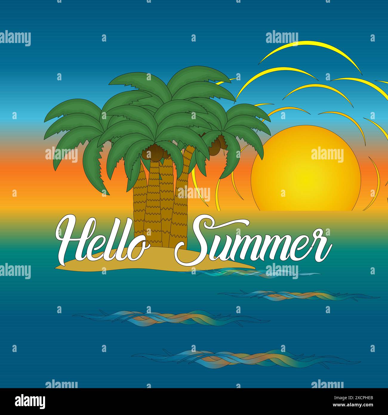 A vibrant vector illustration featuring palm trees on an island with a stunning sunset background. Perfect for summer and tropical themes. Stock Vector