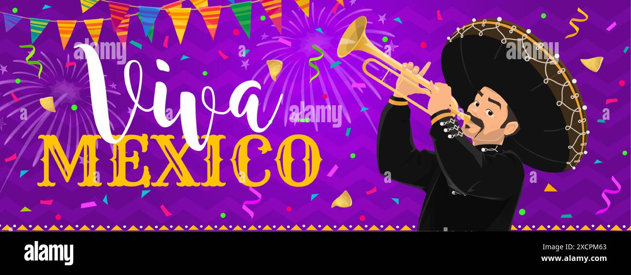 Viva Mexico banner with mariachi musician, fireworks and holiday flags ...