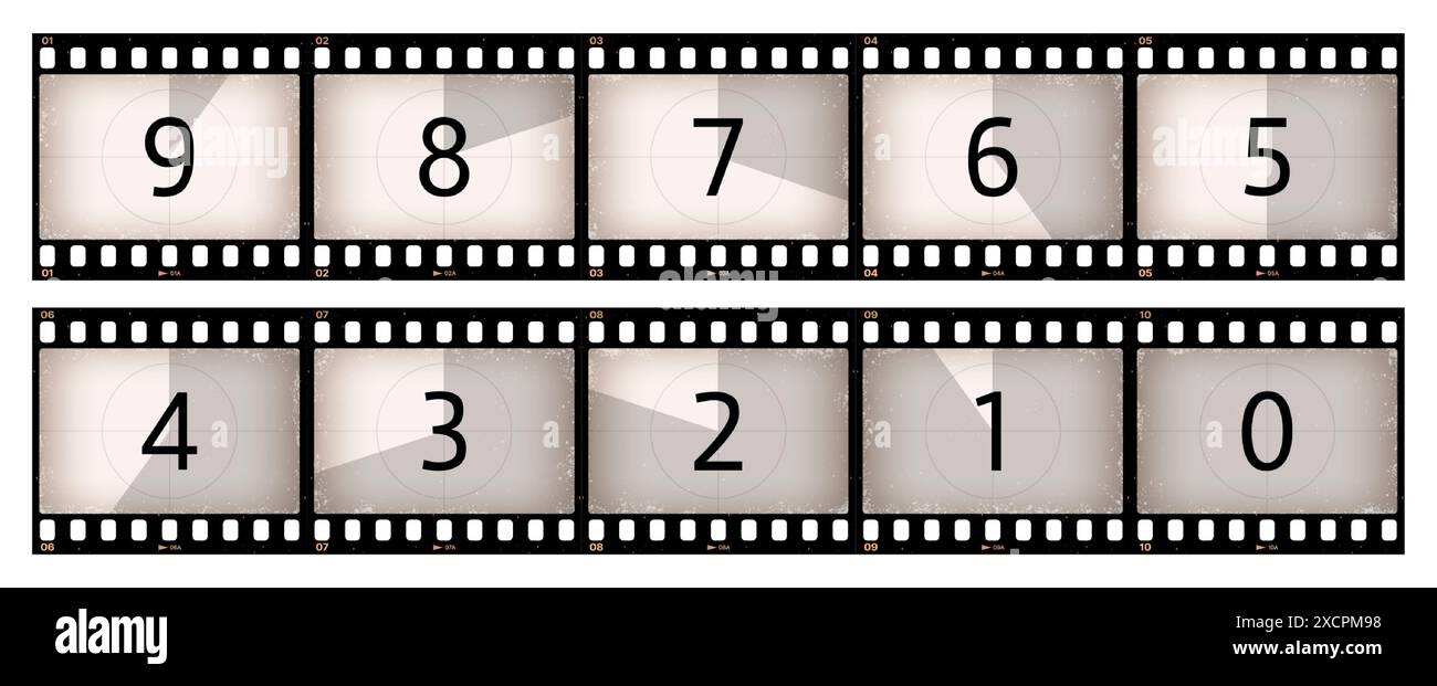 Movie countdown grunge film strip with count numbers in retro filmstrip frames, vector background. Cinema screen with countdown in grunge filmstrip for movie theater or cinematograph retro display Stock Vector