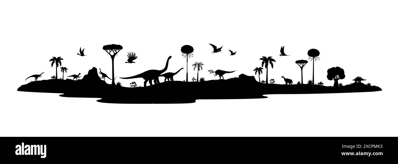 Prehistoric dinosaur silhouettes, isolated vector black panoramic scene of Jurassic era landscape with dino spices shadows, flying pterosaurs and towering sauropods, exotic trees and rugged terrain Stock Vector