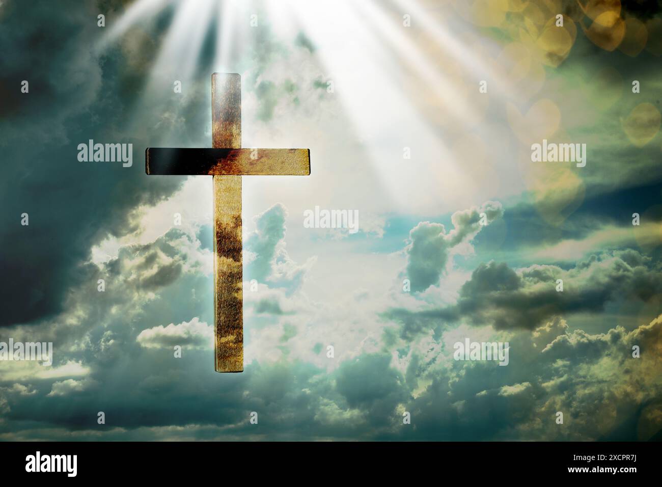 God Crosslight Cross lit by sunlight in sky, double exposure. Religion of Christianity ...
