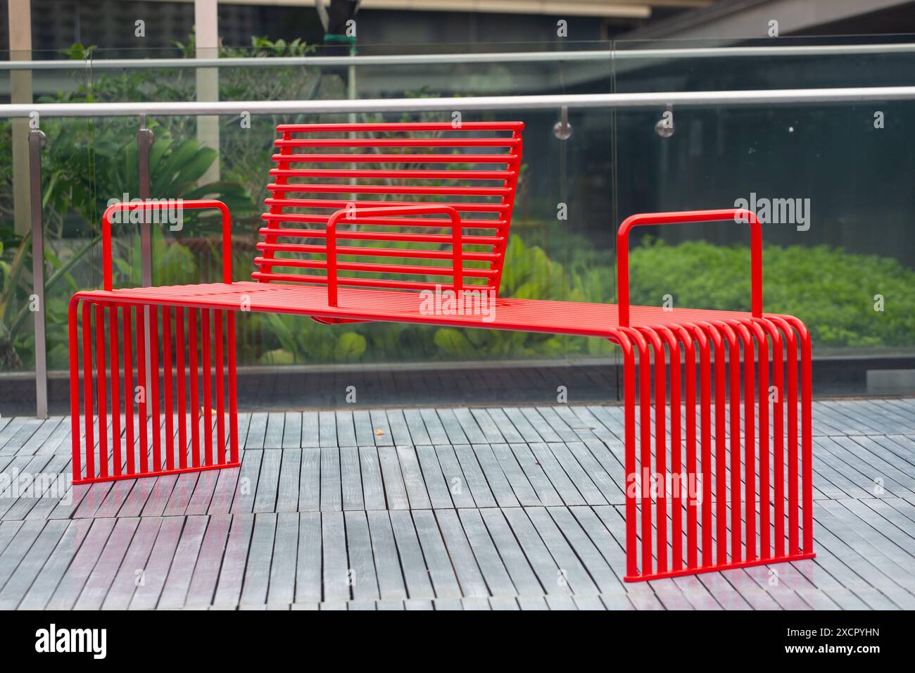 Eye catching red colour long bench furniture with a back support design ...