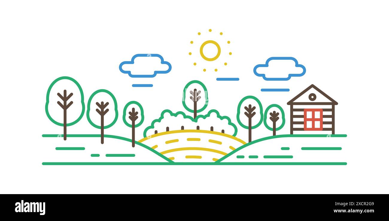 Village summer landscape with forest and field near house, line icon ...