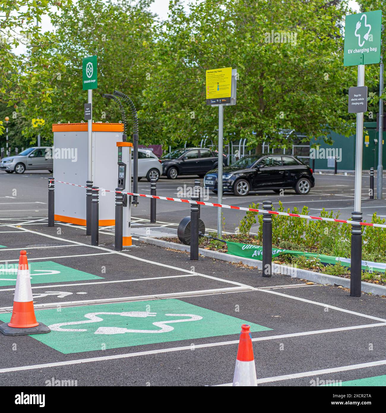 Recently installed electric car charging bays not working at a