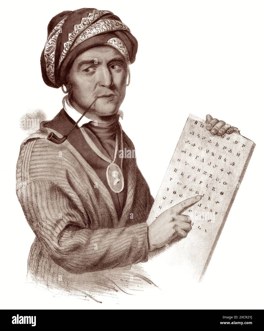Sequoyah (c1770–1843), son of a Cherokee woman and a fur trader from Virginia, was a warrior, hunter, and silversmith who for twelve years worked to devise a method of writing for the Cherokee language. (From a hand  colored lithograph, 1837, after an earlier portrait by Charles Bird King which was destroyed in the Smithsonian Castle fire of 1865.) Stock Photo