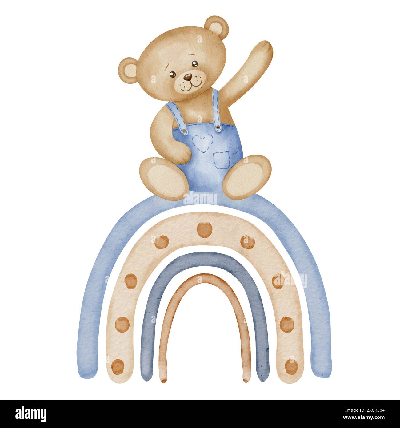 Teddy Bear with Boho Rainbow watercolor illustration. Drawing with cute ...
