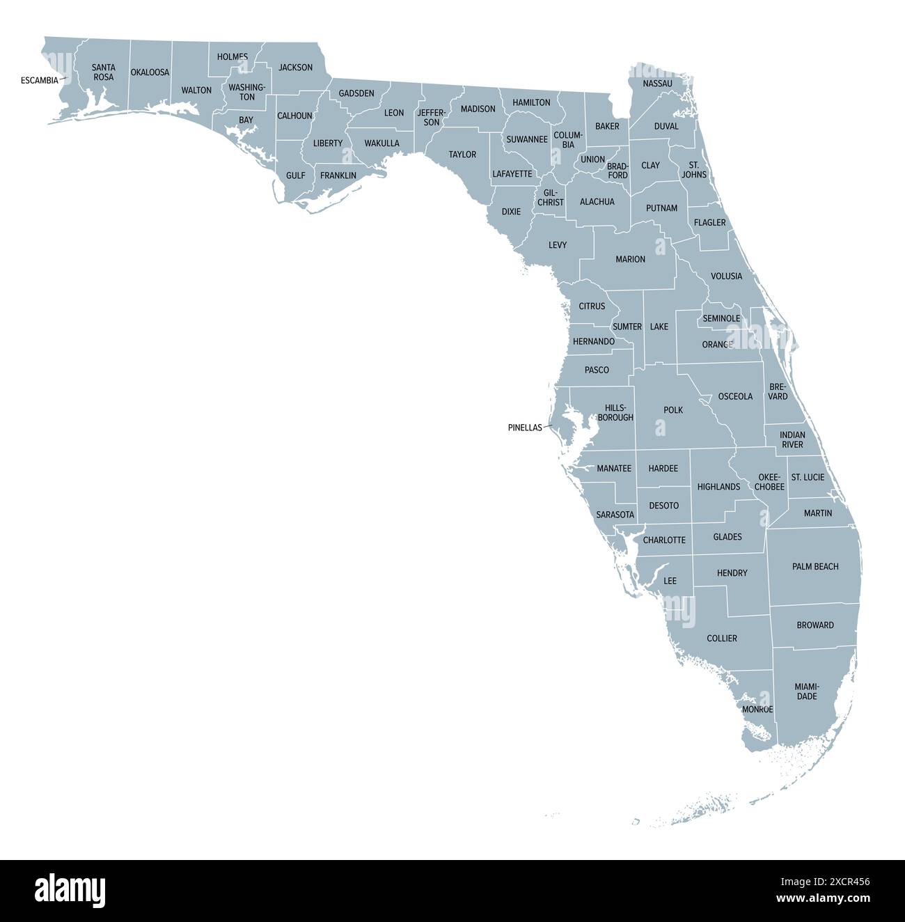 Florida state counties gray political - Florida State Counties Gray Political Map Florida A State In The Southeastern Region Of The United States Subdivided Into 67 Counties 2XCR456