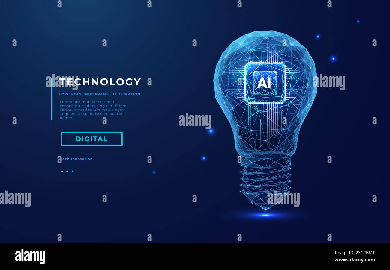 Abstract digital AI chip and lightbulb on technology blue background. Stock Vector
