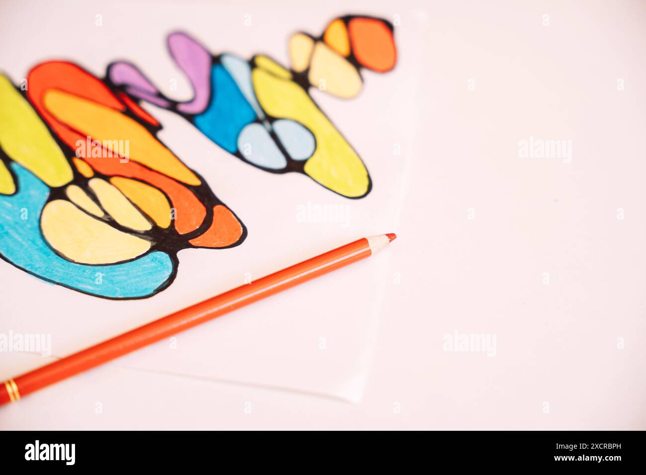 Neurographic drawing colored with colored pencils on white paper Stock