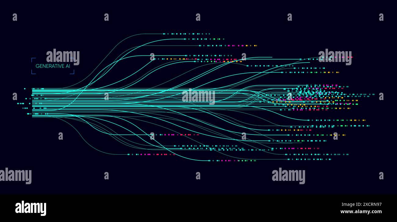 Illustration of abstract stream. Artificial intelligence. Big data, technology, AI, data transfer, data flow, large language model, generative AI, NLP Stock Vector