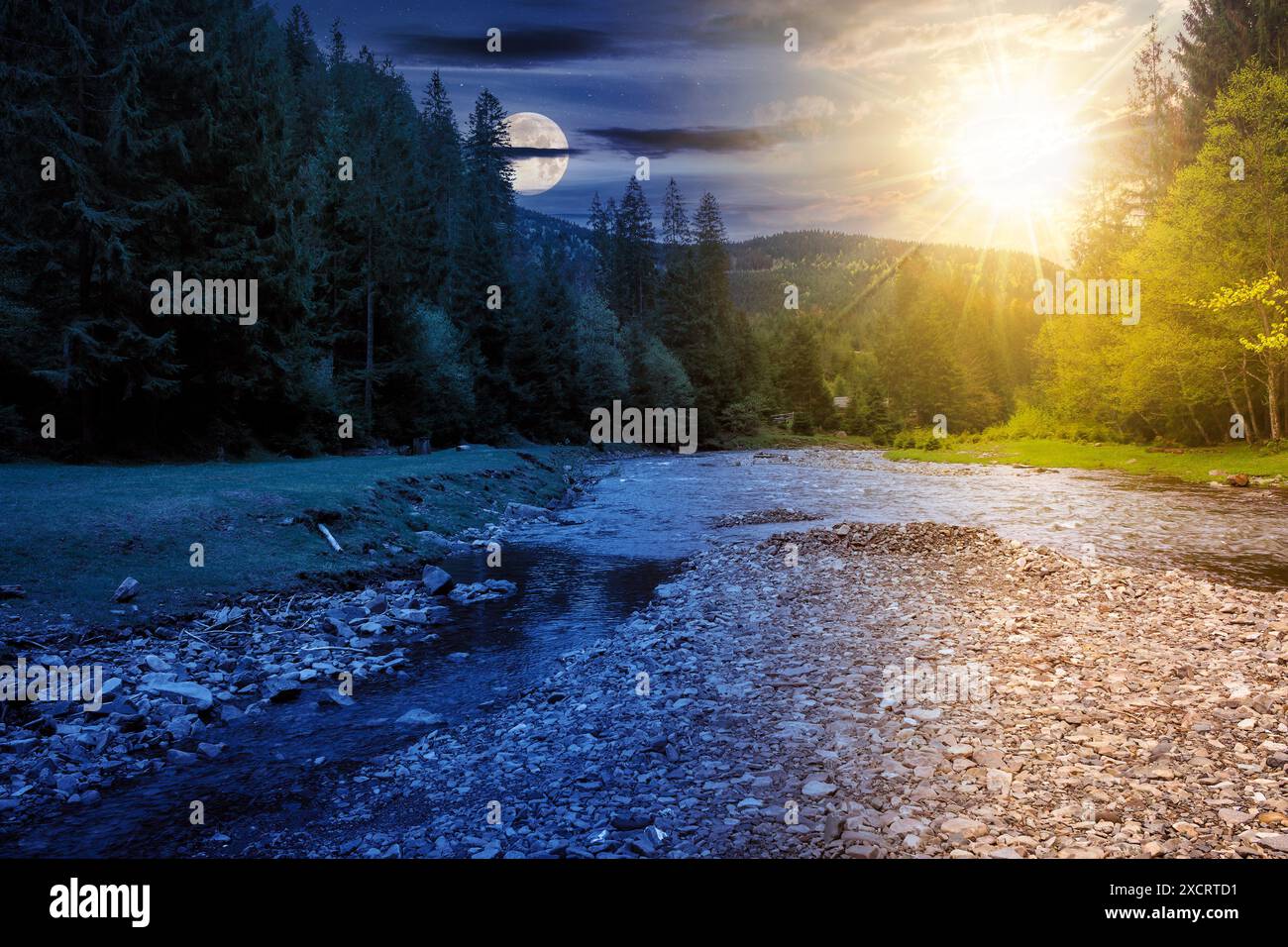 landscape with river at summer solstice. mountainous scenery with forest on the shore beneath a sky with sun and moon. shallow water. day and night ti Stock Photo
