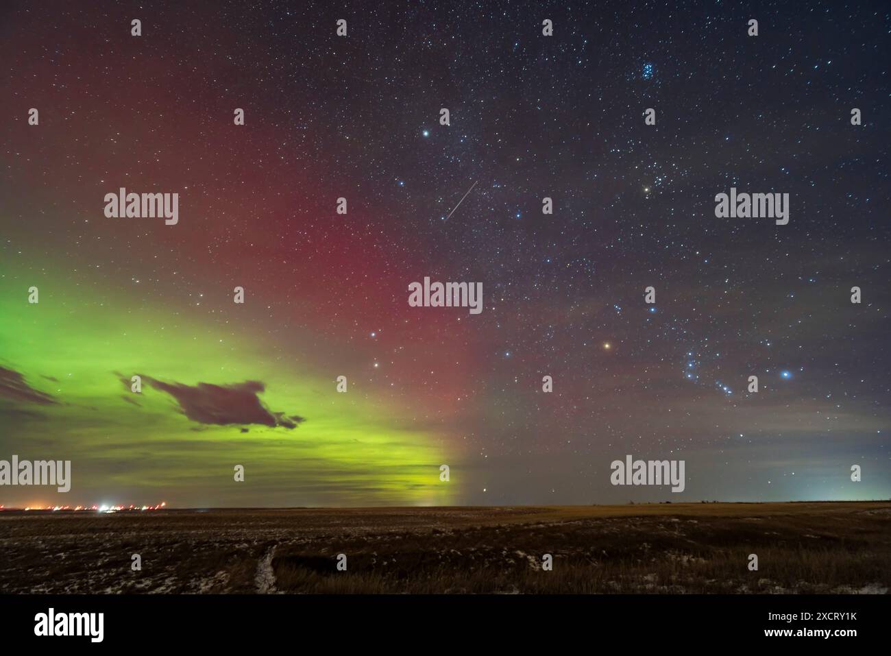 A lone meteor from the 2023 Geminid meteor shower streaks away from the radiant point in Gemini below centre amid the red aurora, with the meteor in A Stock Photo