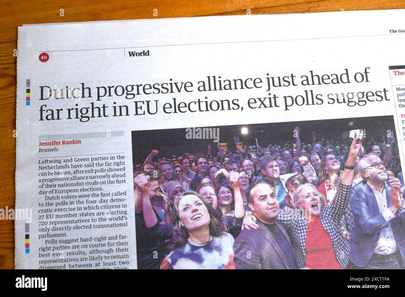 'Dutch progressive alliance just ahead of far right in EU elections, exit polls suggest' Guardian newspaper headline 8 June 2024 London England UK Stock Photo