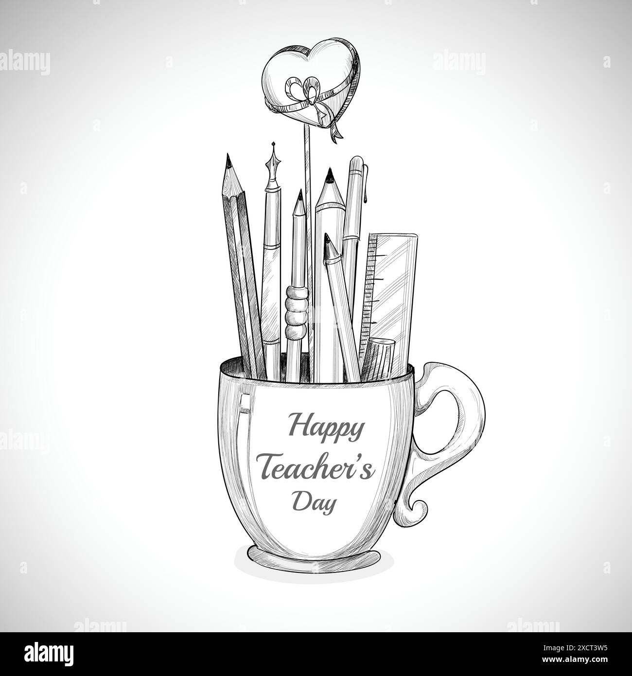 Let's celebrate happy teacher's day cup and pencil sketch Stock Vector