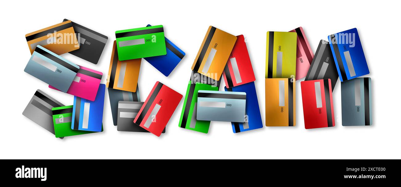 Scams Concept and credit card scam symbol or financial thief stealing money and commiting account fraud as a scamming offender. Stock Photo