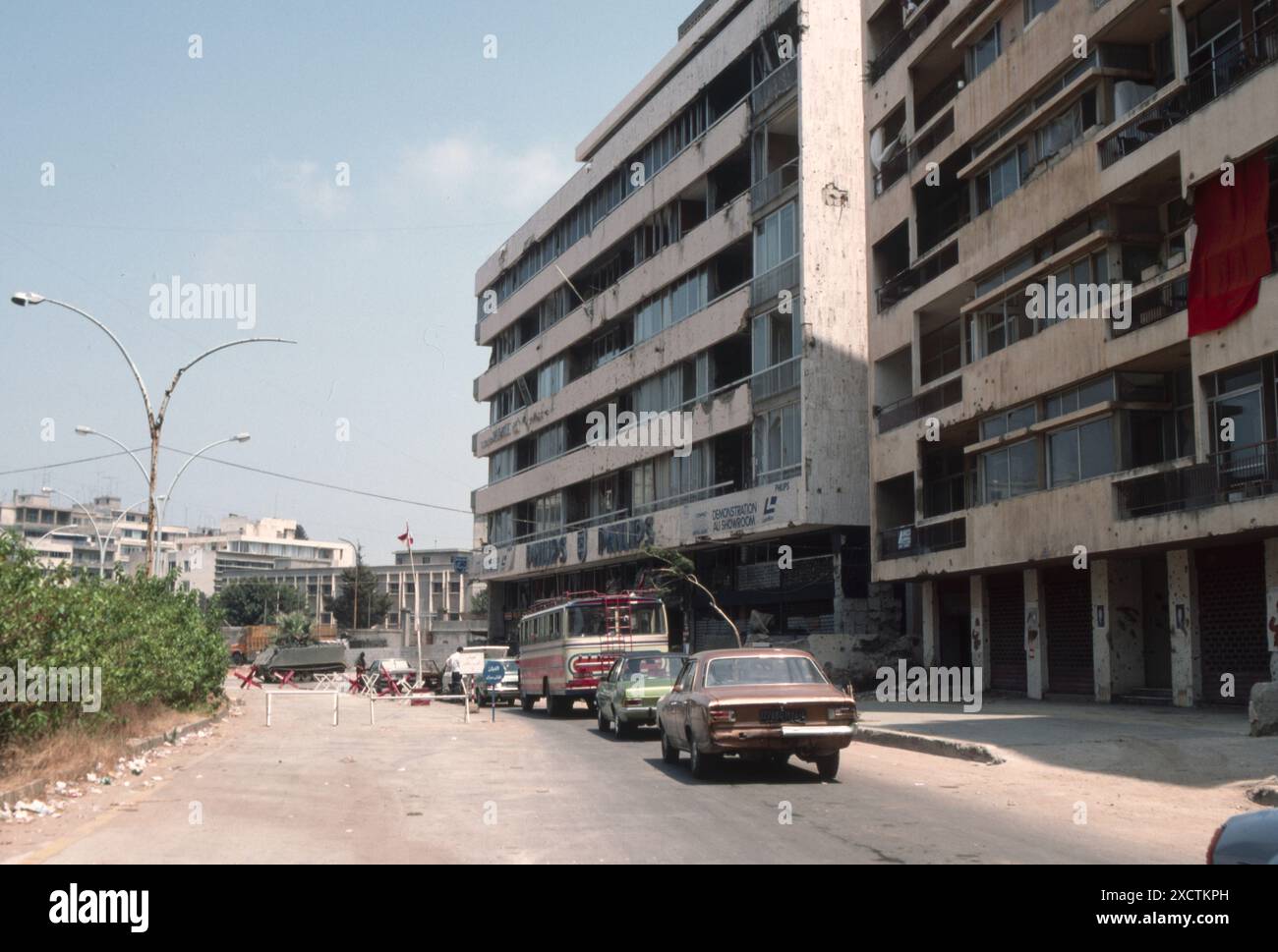 Lebanon War 1982 Beirut / Lebanonwar 82 - Two yars later 1984 - Lebanese Forces Checkpoint Beirut with Armored Personnel Carrier APC M113 Stock Photo