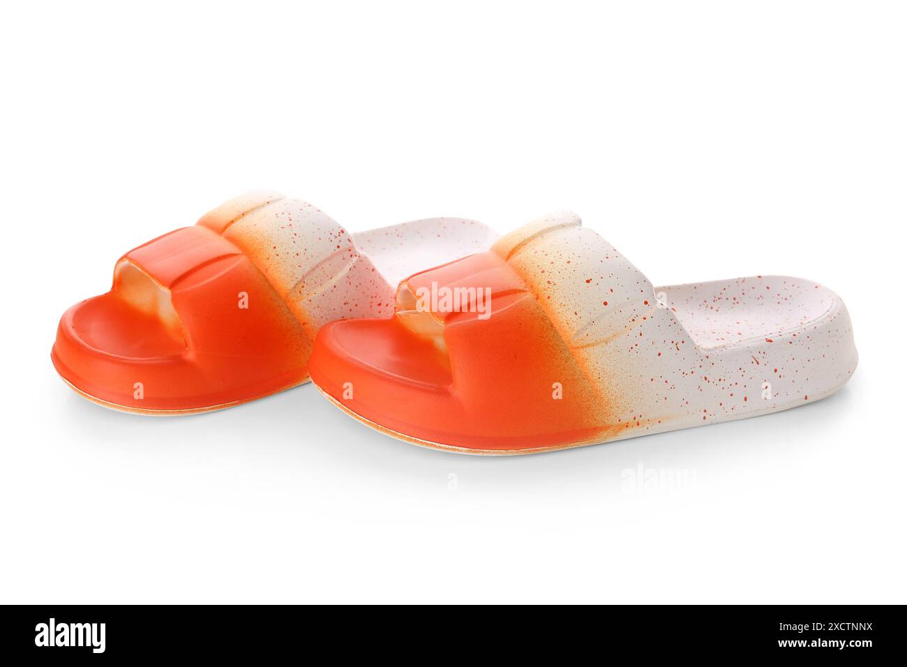 Orange female flip flops on white background Stock Photo - Alamy