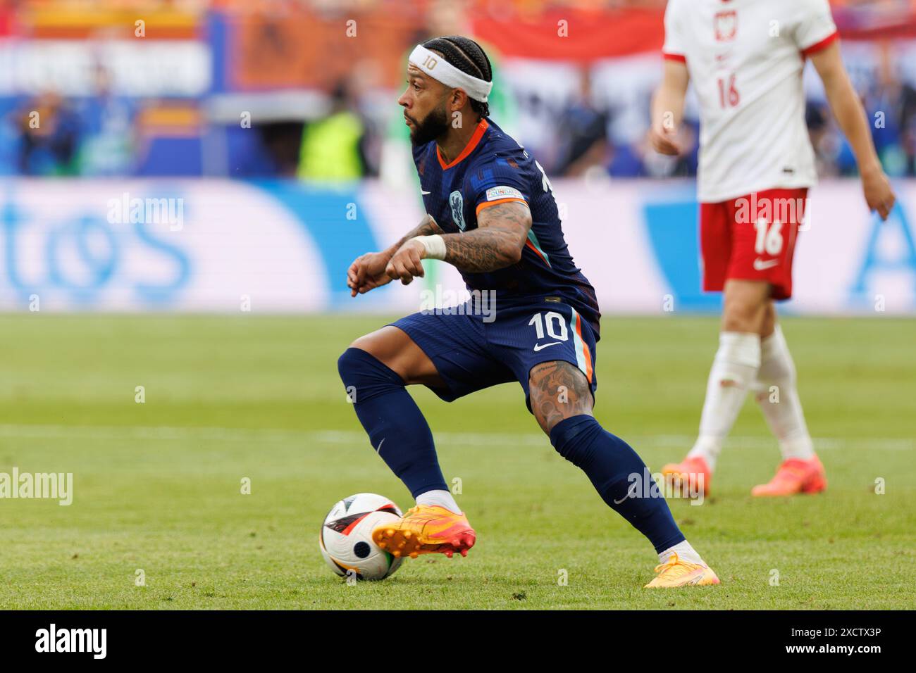 Memphis Depay (Netherlands) seen in action during UEFA Euro 2024 game between national teams of Poland and Netherlands at Volksparkstadion. Final Score : Poland 1 : 2 Netherlands. Stock Photo