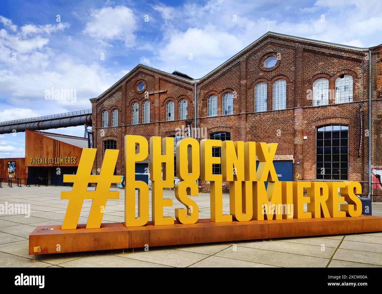 Phoenix des Lumieres lettering, light installations in the Phoenixhalle, Phoenix-West, Germany, North Rhine-Westphalia, Ruhr Area, Dortmund Stock Photo