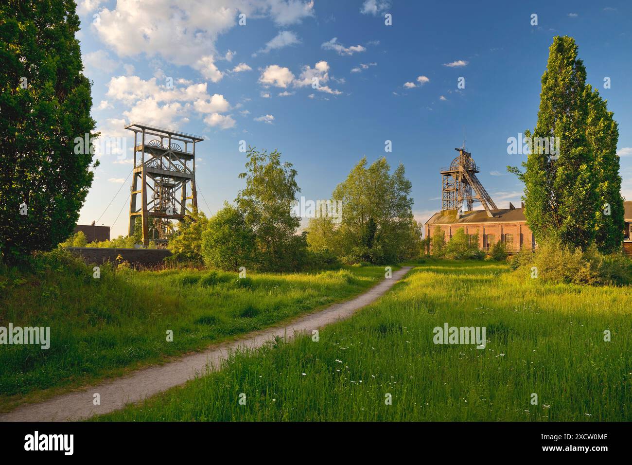 Gneisenau park with the two headframes of the disused colliery, Germany, North Rhine-Westphalia, Ruhr Area, Dortmund Stock Photo