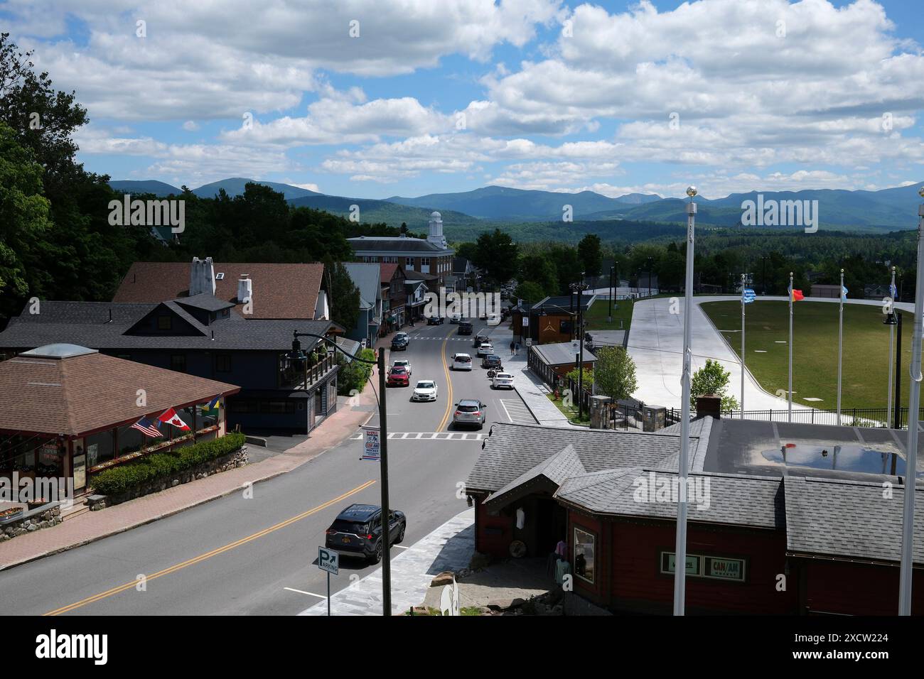View of Downtown Lake Placid, New York Stock Photo