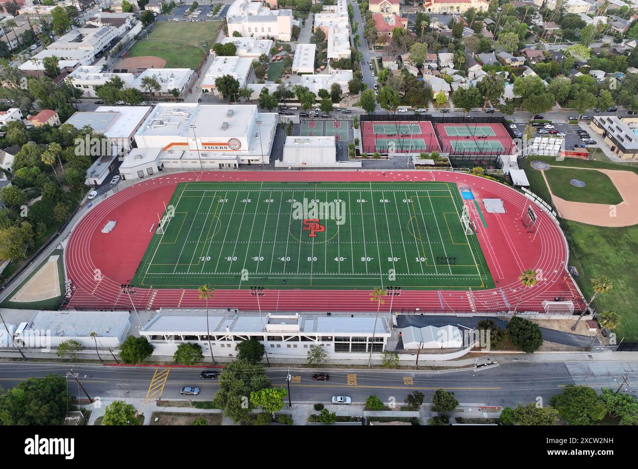 An aerial view of the track and Football field at Ray Solari Stadium at ...