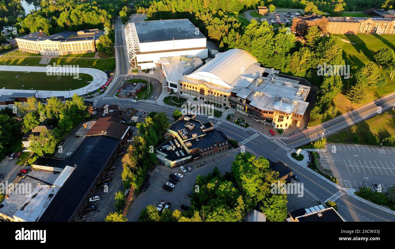 Aerial view of downtown Lake Placid, New York with some of the old Olympic venues Stock Photo