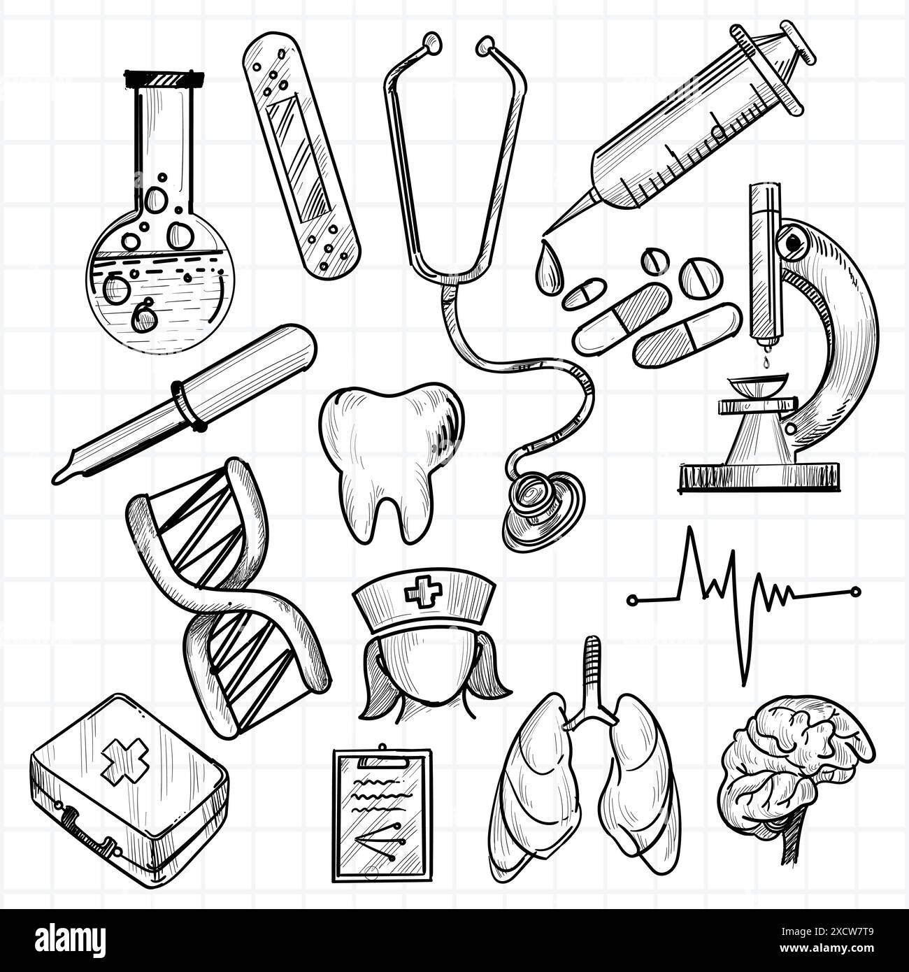 Hand draw medical icon sketch set design Stock Vector