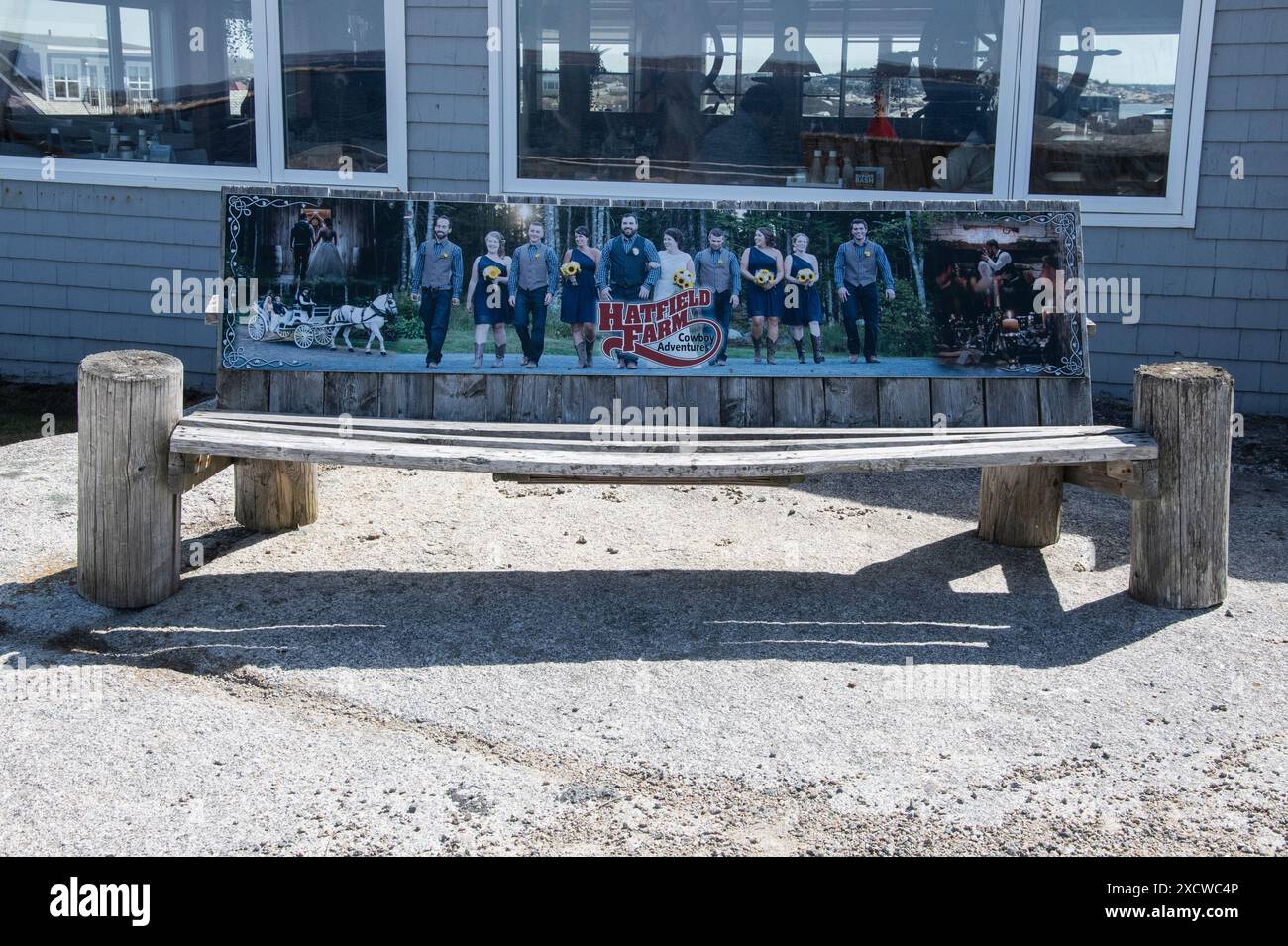 Wooden bench advertising Hatfield Farm beside the Sou'wester restaurant