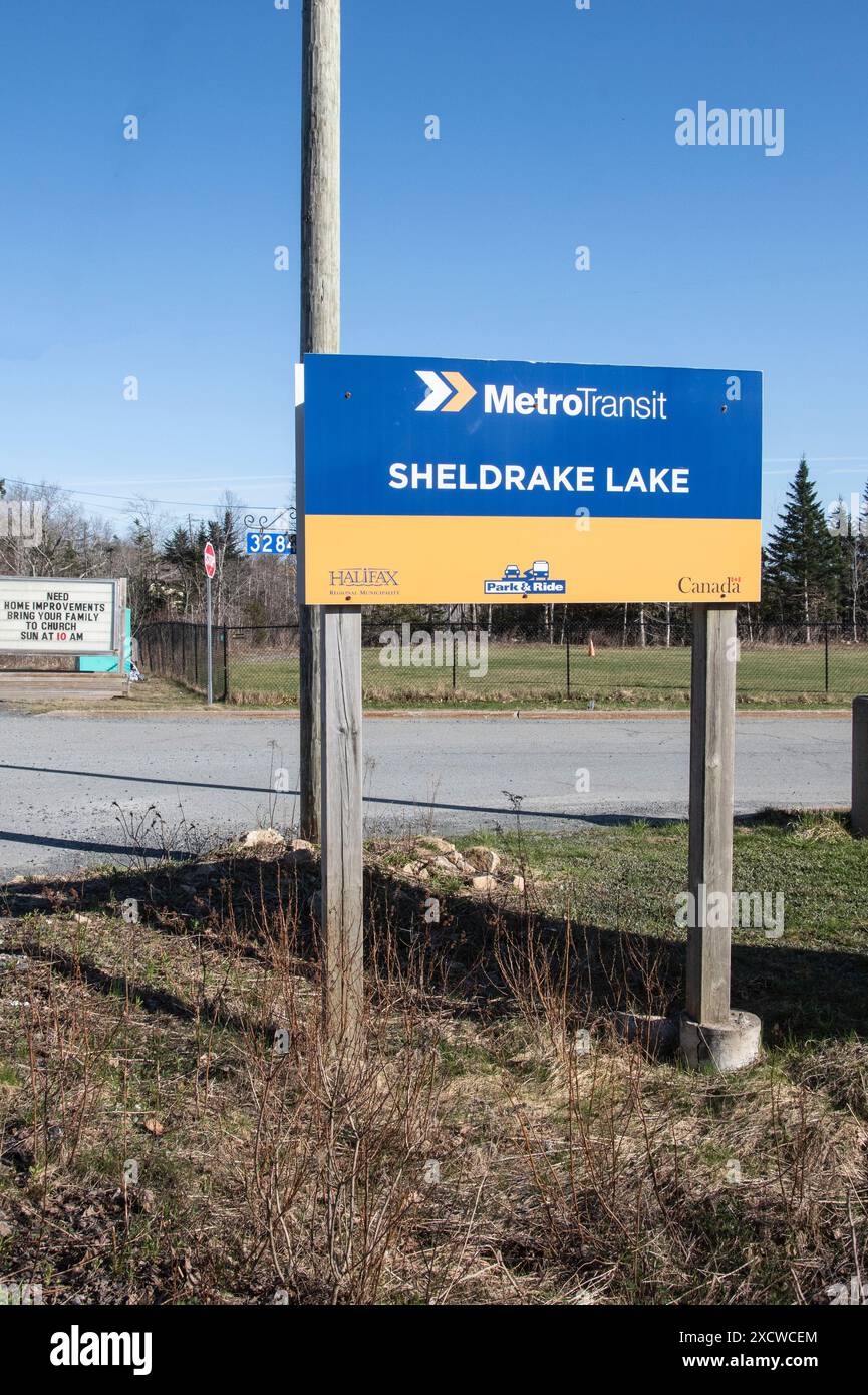 Metro Transit Sheldrake Lake sign on NS 3 in Nova Scotia, Canada Stock