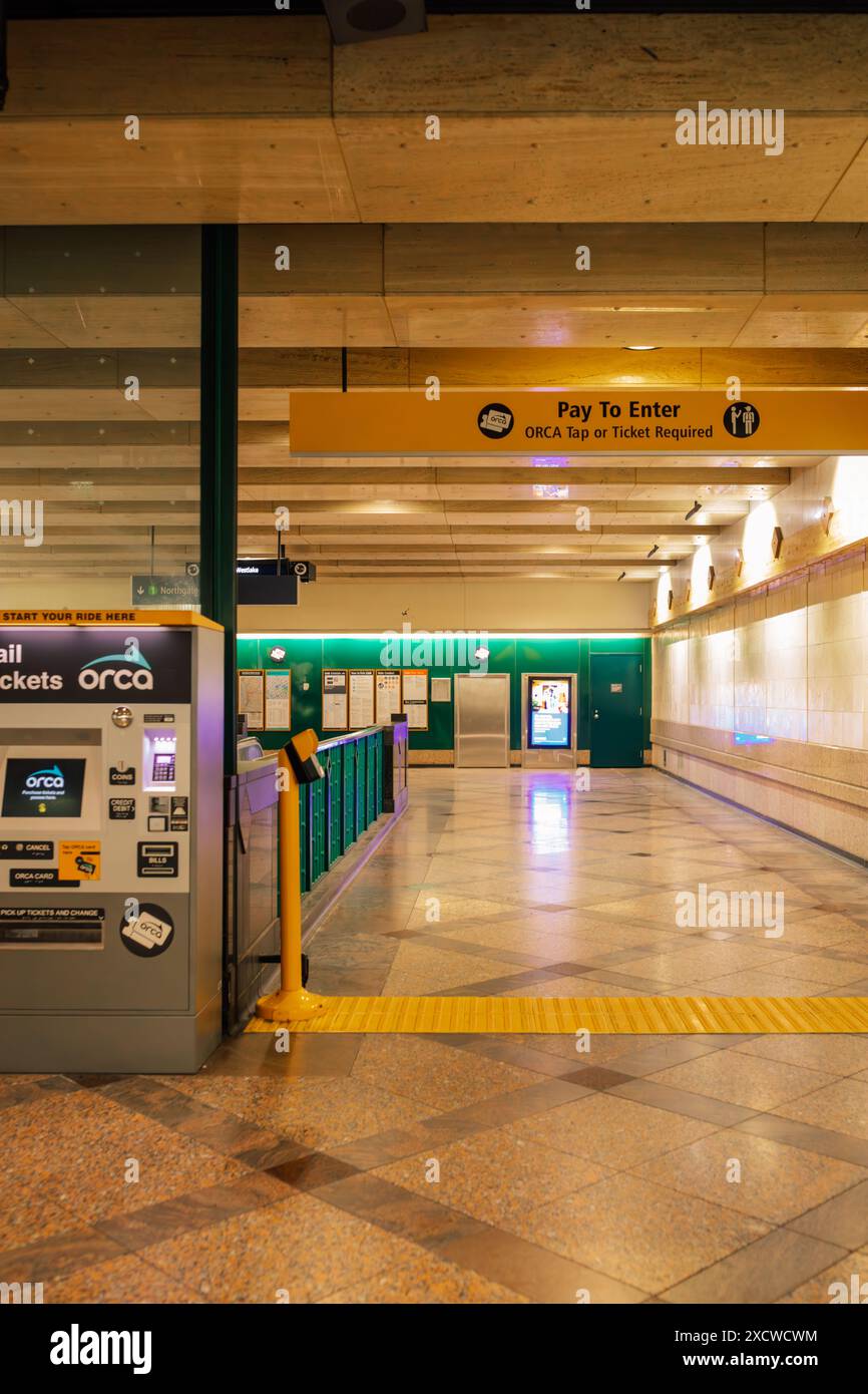 empty Westlake link light rail station in downtown Seattle with kiosks
