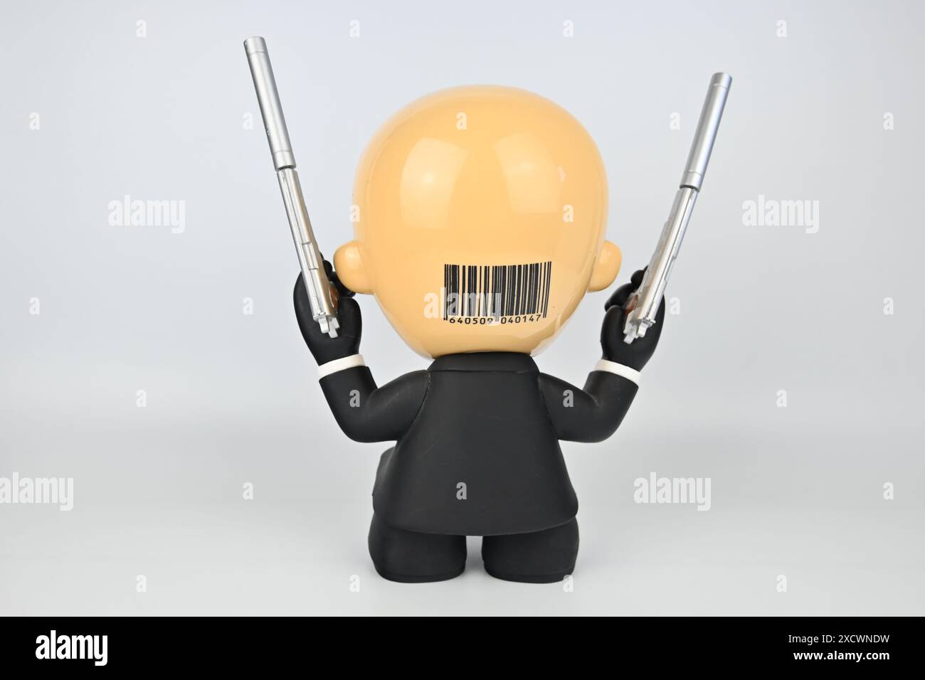 Hitman Agent 47 figure with barcode tattoo – Wales, UK  – 15 June 2024 Stock Photo
