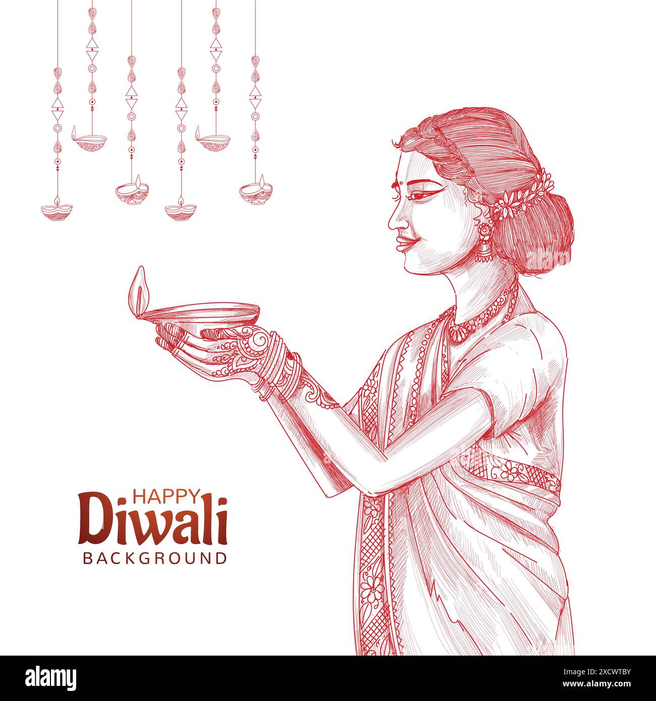 Women hand holding sketch for Indian oil lamp diwali background Stock Vector