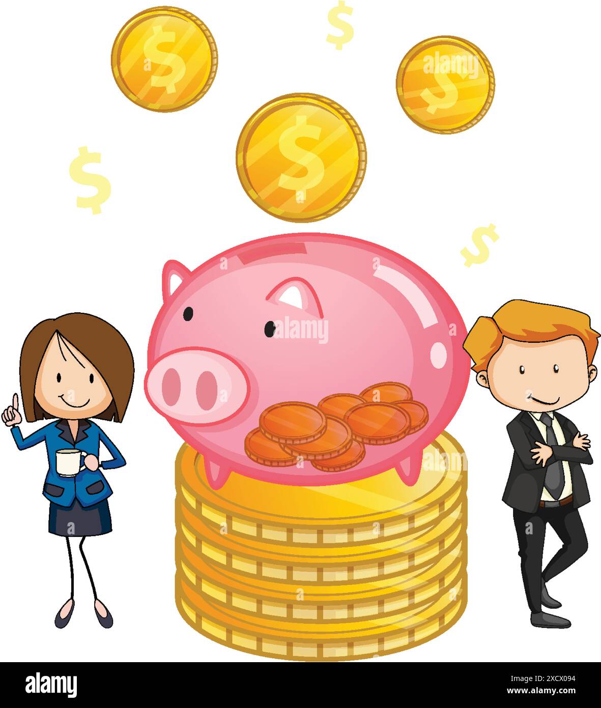 Illustration of businesspeople with piggy bank and coins Stock Vector ...