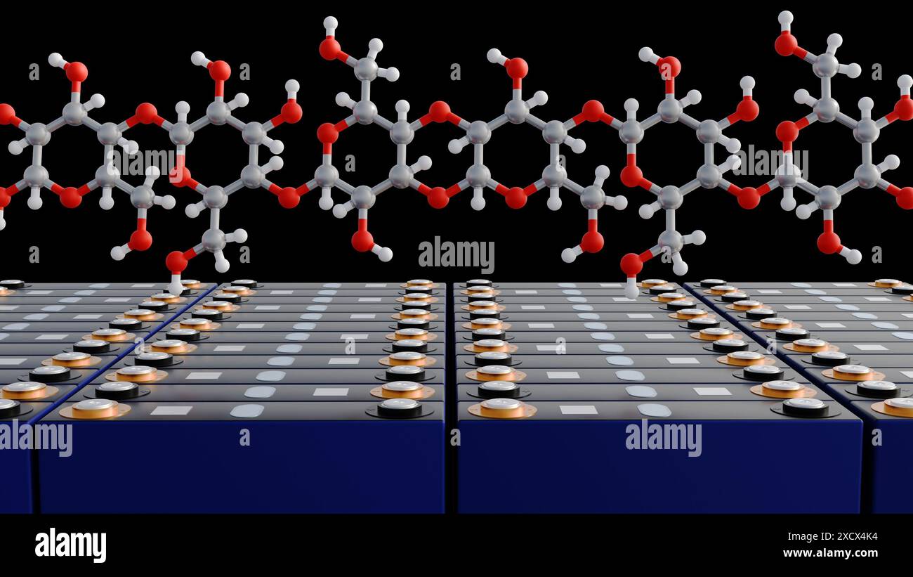 3d rendering of prismatic battery, rectangular lithium ion phosphate LFP battery and maltodextrin molecules as a symbol of biobattery by using sugar t Stock Photo