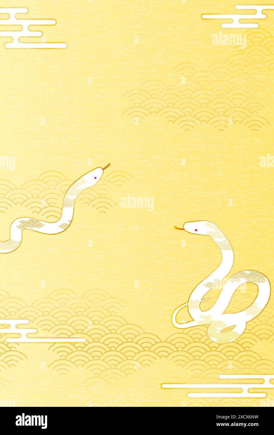 2025 Snake New Year's greeting card with two Snakes on Japanese Pattern