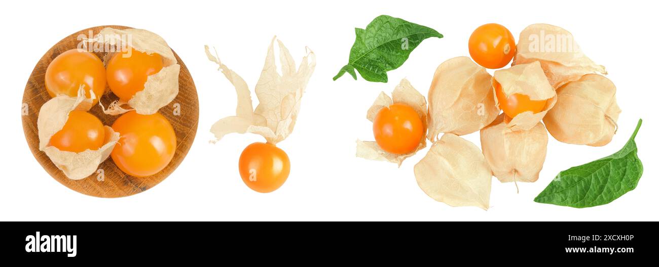 Cape gooseberry or physalis in wooden bowl isolated on white background ...