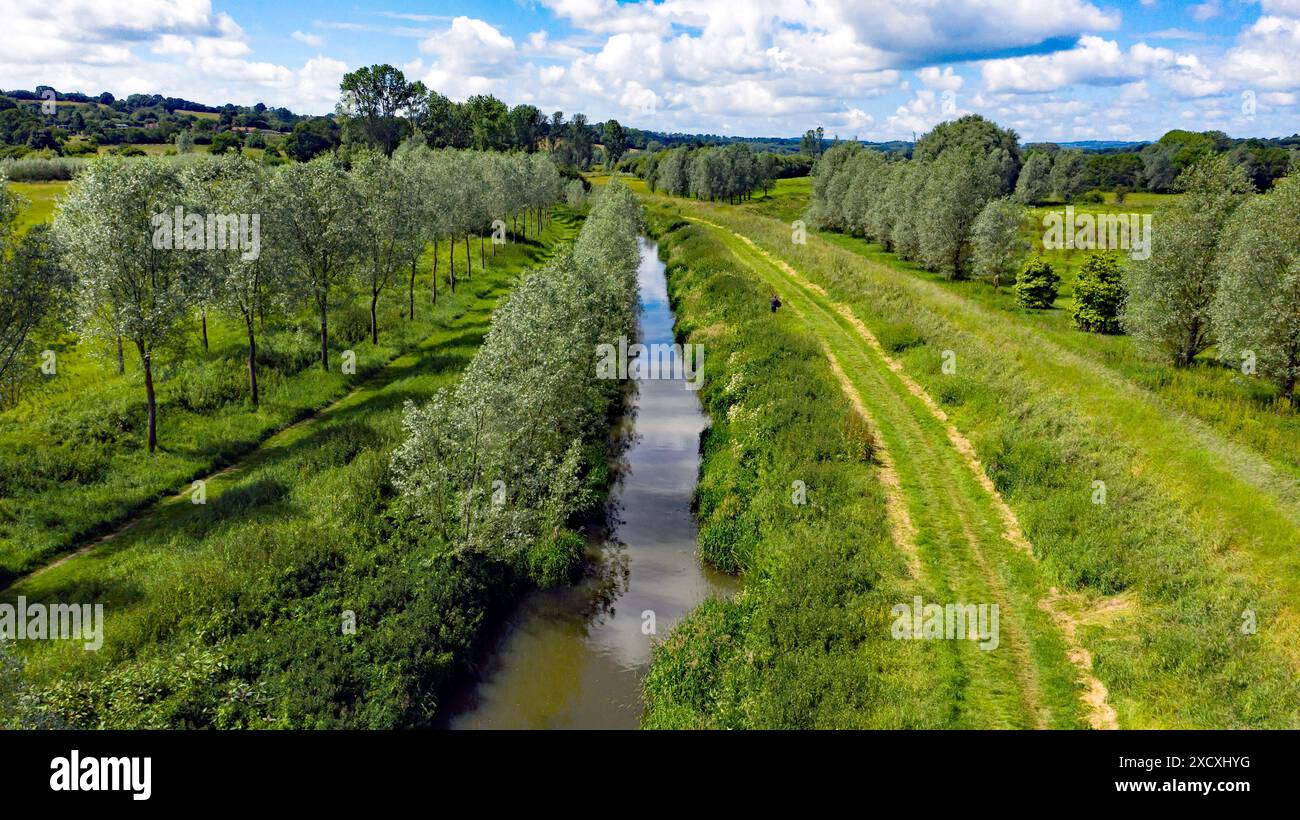 Low altitude, Aerial view of the River Rother, looking West from the footpath about 60Meters  past Bodiam Bridge, Bodium,  East Sussex Stock Photo