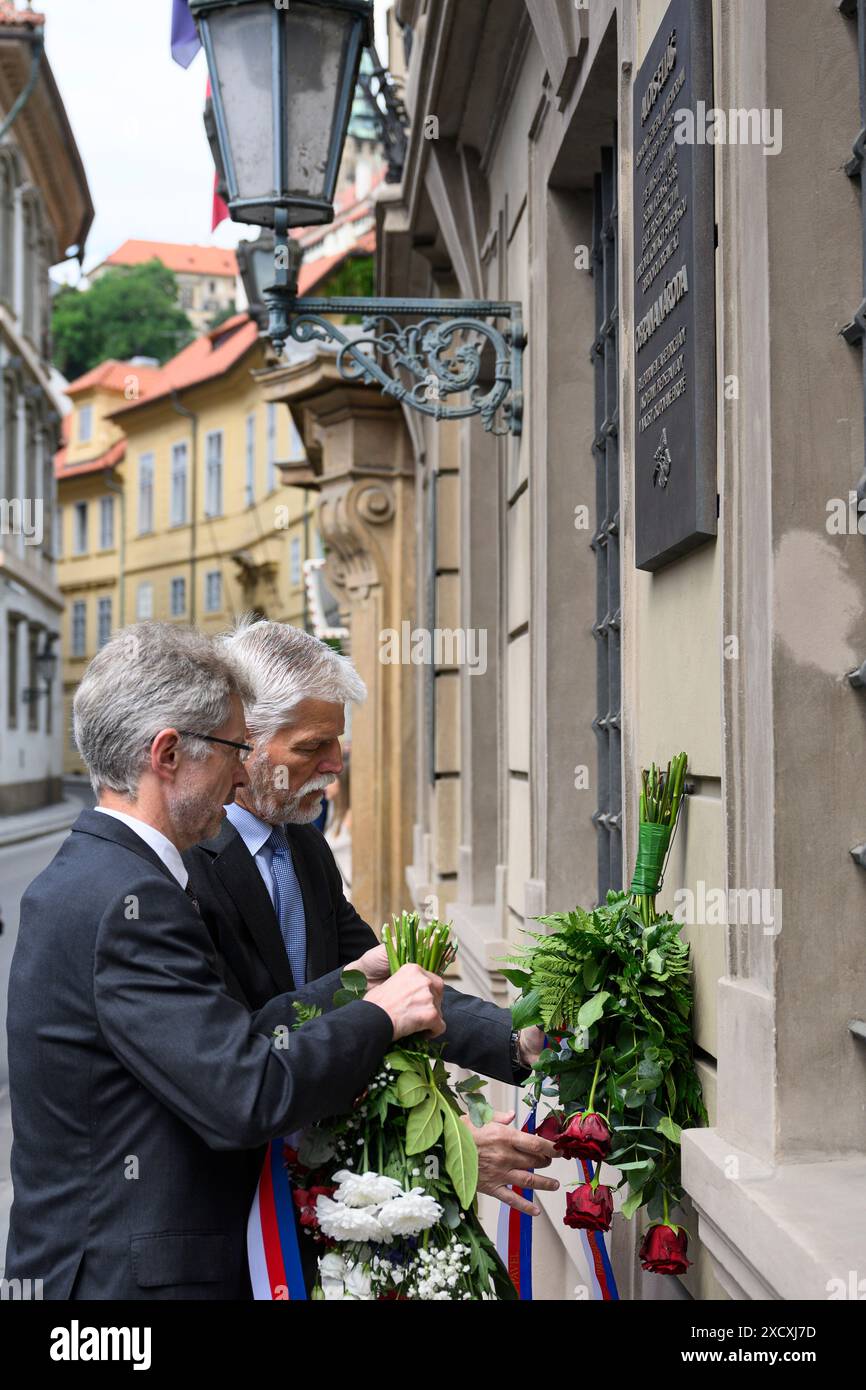 President Petr Pavel (right) and Senate Speaker Milos Vystrcil (ODS) (left) attend a meeting to commemorate General Alois Elias in Prague, Czech Republic, June 19, 2024. Alois Elias (born 29th September 1890) was a general of Czechoslovak Army and Prime Minister (1939-1941). Alois Elias was arrested on October 1, 1941 and executed on June 19, 1942. (CTK Photo/Michal Kamaryt) Stock Photo