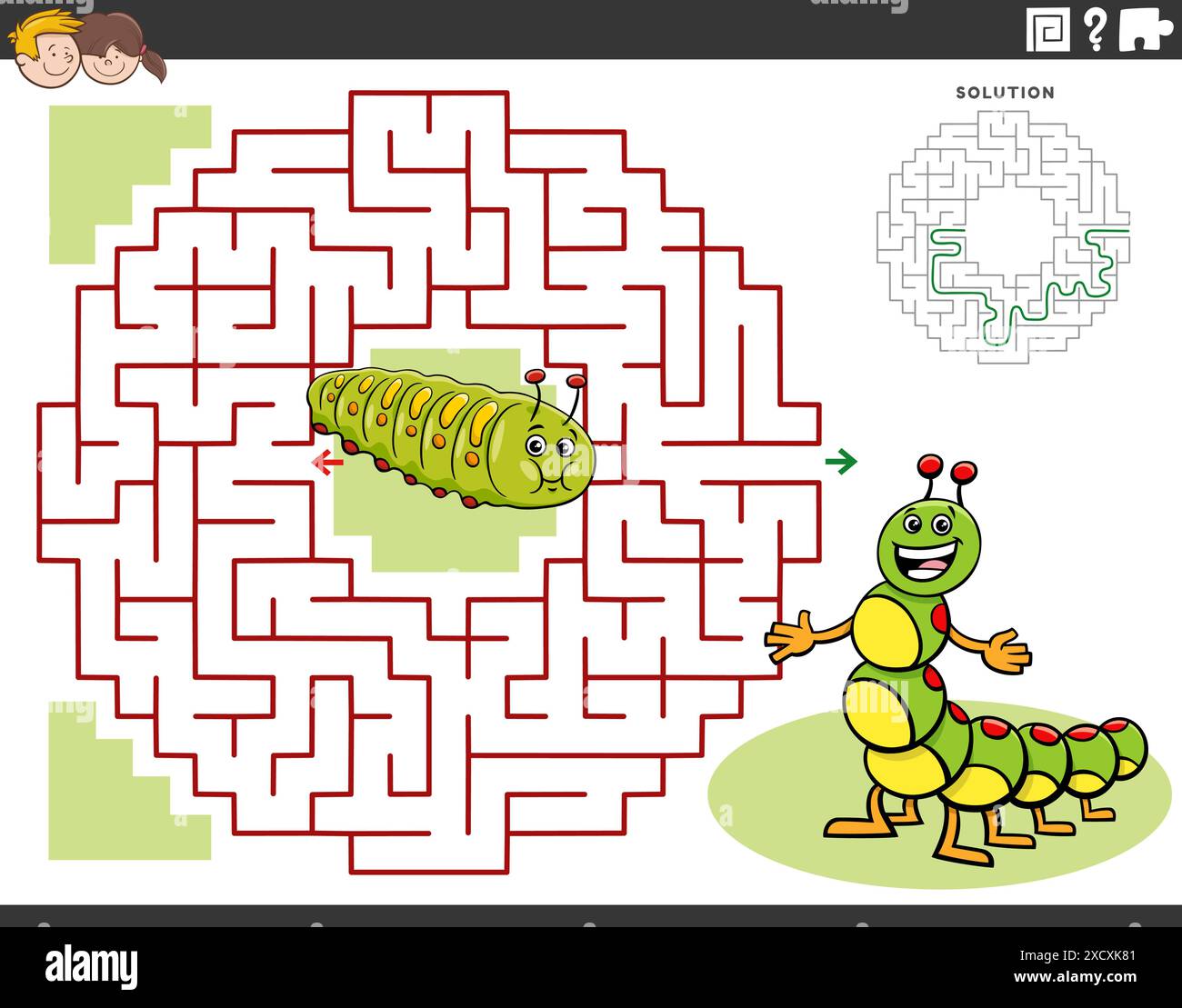 Cartoon illustration of educational maze puzzle activity with ...