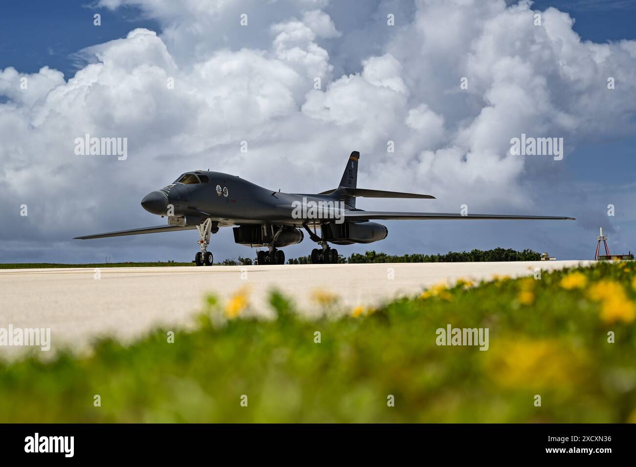 A B1-B Lancer assigned to the 37th Expeditionary Bomb Squadron taxis after landing at Andersen Air Force Base, Guam, in support of a Bomber Task Force Stock Photo