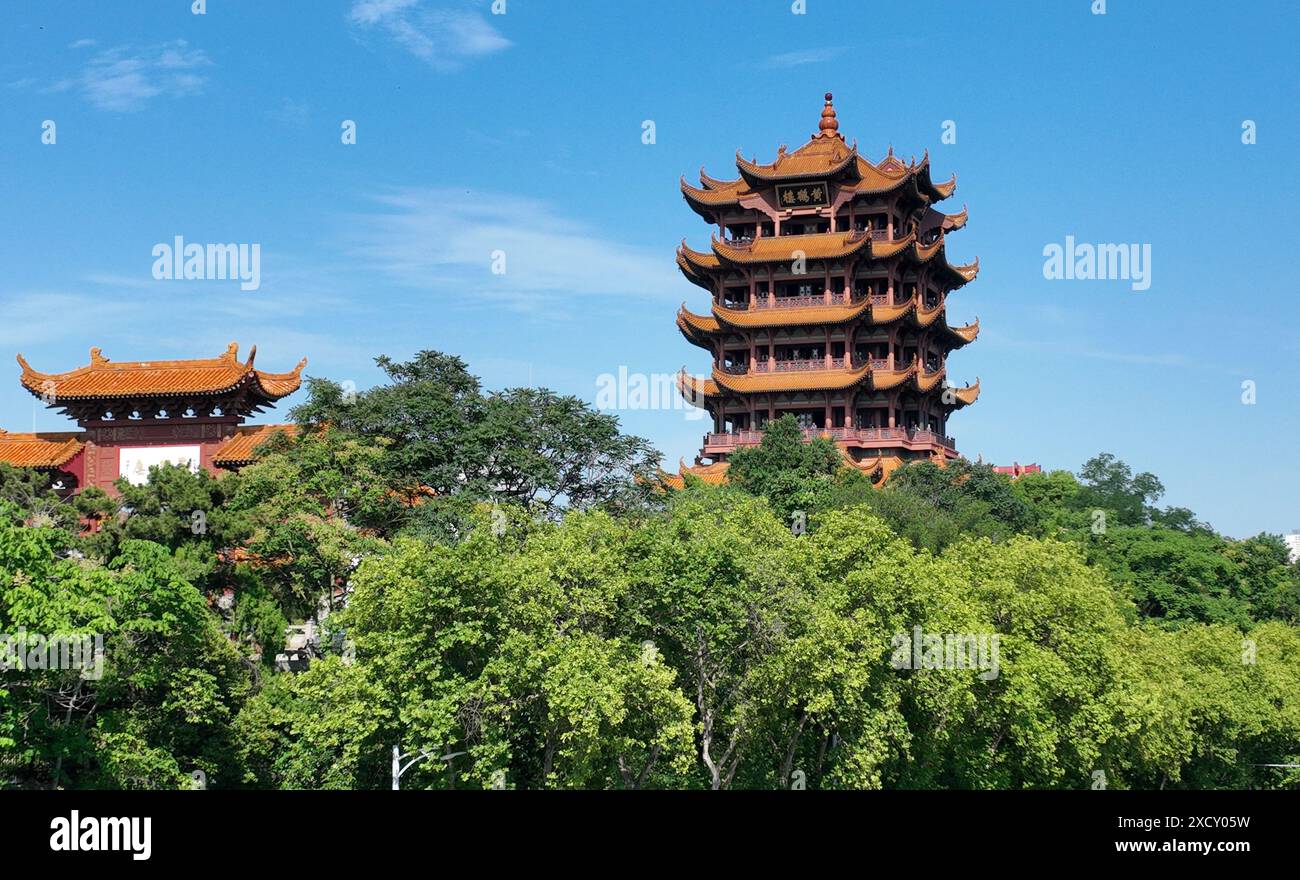 (240619) -- WUHAN, June 19, 2024 (Xinhua) -- An aerial drone photo taken on June 3, 2024 shows a view of the Yellow Crane Tower in Wuhan City of China's Hubei Province. The Stork Tower in Shanxi Province, the Tengwang Pavilion in Jiangxi Province, the Yueyang Tower in Hunan Province and the Yellow Crane Tower in Hubei Province, four famous landmarks in China's central region, attract tourists with exquisite architectural art, magnificent scenery and profound history and culture. (Xinhua/Cheng Min) Stock Photo