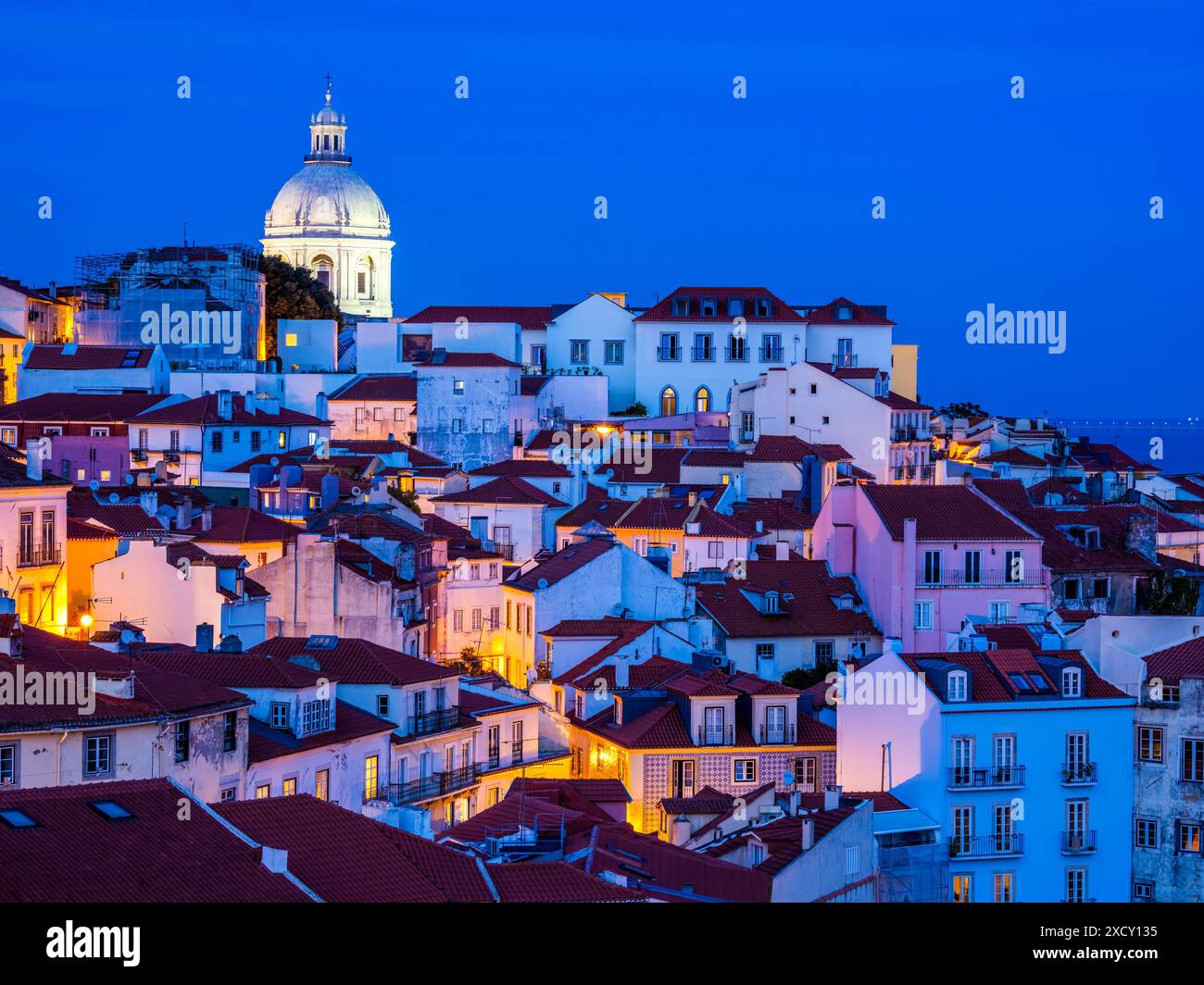 Houses in Alfama district at night, Lisbon, Portugal Stock Photo