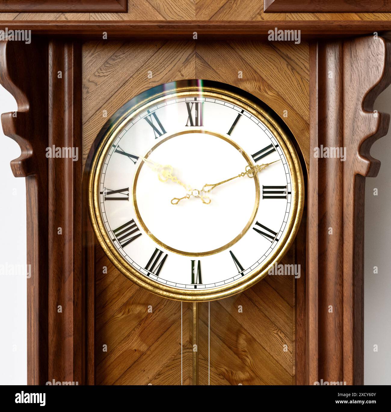 An antique wooden wall mounted grandfather clock with roman numerals and a glass door on a white